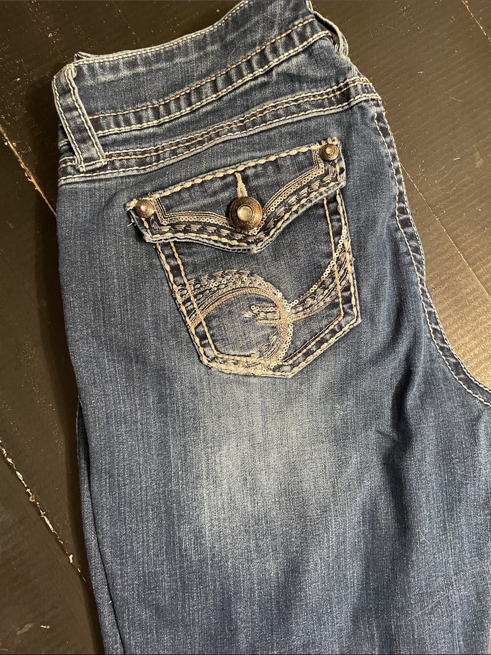 Maurice’s premium Embroidered Pocket Boot-Cut Jeans in Dark Blue